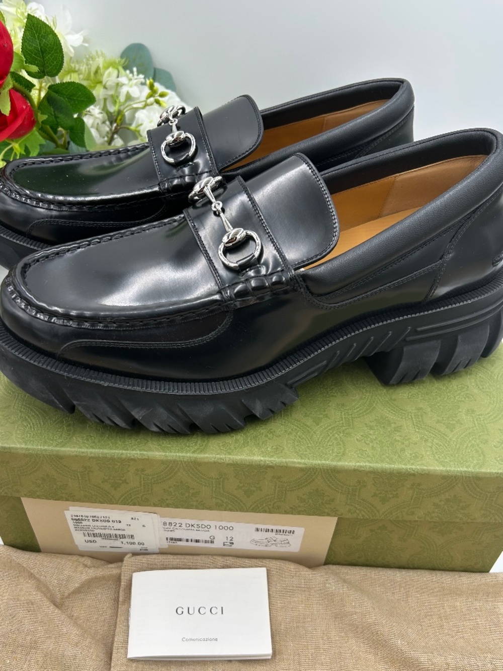 Men’s Gucci, black leather horsebit  lug sole loafers.  Size 12. Made in Italy.